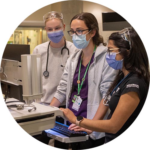 Three medical staffs perform analyzing with a computer