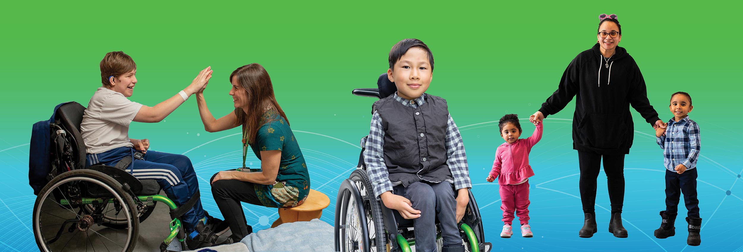 Background header image of some people in front of a green to blue gradient background colour with some lines pattern