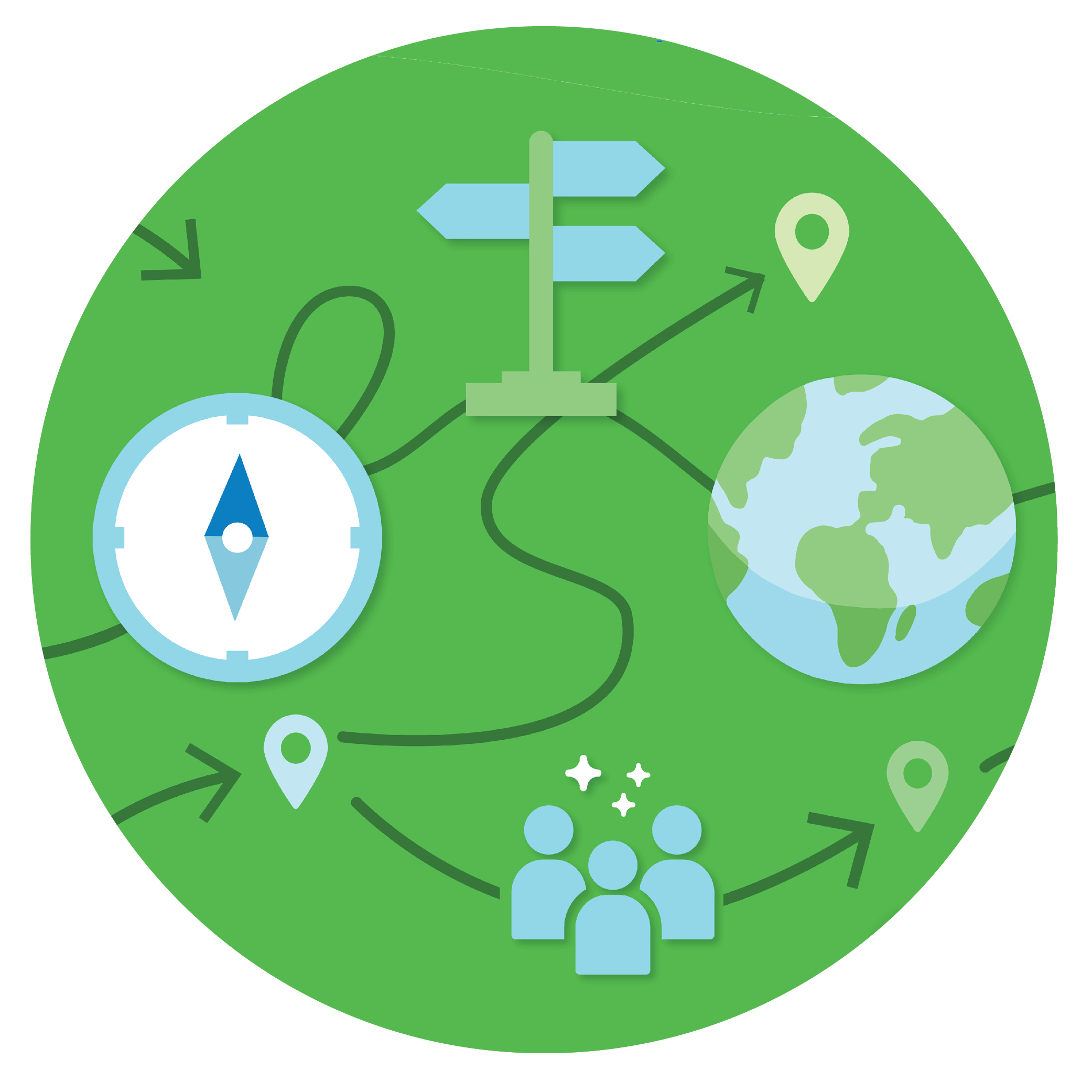 A map with compass, world people, direction icons